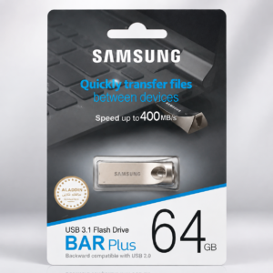فلش مموری سامسونگ Bar Plus ظرفیت 64 گیگابایت USB 3.1 با بدنه فلزی مقاوم، سرعت انتقال 400 مگابایت بر ثانیه، ضد آب تا عمق یک متر، مقاوم در برابر ضربه، شوک، حرارت و مغناطیس